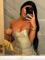 Pydshop Gold PU Crop Tops For Women Bodycon Backless Sexy Off Shoulder Tank Top Hot Girls Street Slim Party Tube Top LadiesChristmas Gifts