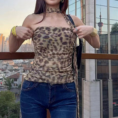 Pydshop Leopard Print Crop Top Women Mesh Sleeveless Sexy Tube Summer Vintage Halter Tank Top Backless Sexy Party Tops For Ladies