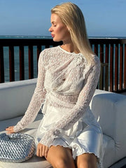 Pydshop New Long Sleeve Lace Hollow Cardigan Top Sexy Through Slim Fit Hot Girl Bandage Solid Color Female Club Party Y2K T ShirtChristmas Gifts