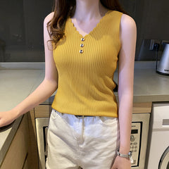 Pydshop Summer Camisole Women Tank Top Sexy Slim Korean Style Casual V-Neck Vest Knitted Fashion Sleeveless Tops Female Tee