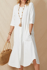 Casual Solid Pocket Buckle O Neck A Line Dresses