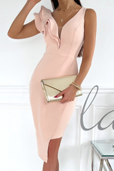 Fashion Elegant Solid Flounce V Neck Pencil Skirt Dresses(3 Colors)