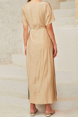 Casual Color Lump With Belt Contrast O Neck Dresses