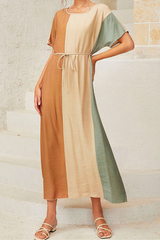 Casual Color Lump With Belt Contrast O Neck Dresses