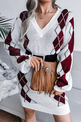 Casual Geometric Split Joint Contrast V Neck Dresses Sweater (Without Belt)