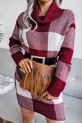 Casual Plaid Split Joint Contrast Turtleneck Pencil Skirt Dresses Sweater (Without Belt)