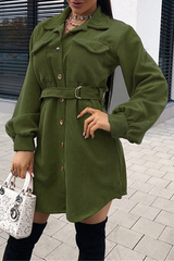 Fashion British Style Solid Pocket Buckle With Belt Turndown Collar Dresses