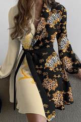 Fashion Print Solid Patchwork With Belt Turndown Collar A Line Dresses(5 Colors)