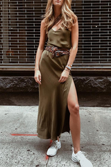 Fashion Casual Solid Patchwork Slit V Neck A Line Dresses (Without Belt)