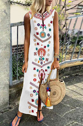 Vintage Print O Neck Straight Dresses