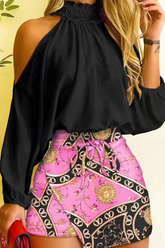 Fashion Print Halter Long Sleeve Two Pieces(4 Colors)