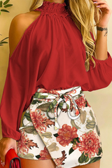 Fashion Print Halter Long Sleeve Two Pieces(4 Colors)