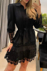 Elegant Solid Contrast Shirt Collar Dresses(5 Colors)