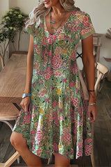 Casual Print Patchwork V Neck A Line Short Sleeve Dress(9 Colors)