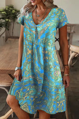 Casual Print Patchwork V Neck A Line Short Sleeve Dress(9 Colors)