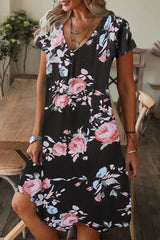 Casual Print Patchwork V Neck A Line Short Sleeve Dress(9 Colors)