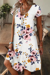 Casual Print Patchwork V Neck A Line Short Sleeve Dress(9 Colors)