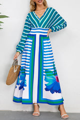 Elegant College Striped Floral Patchwork V Neck Printed Dress Dresses