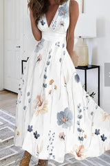 Casual Print Patchwork V Neck Sleeveless Dresses(4 Colors)