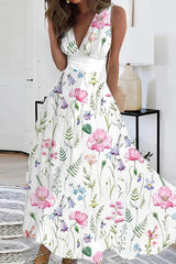 Casual Print Patchwork V Neck Sleeveless Dresses(4 Colors)