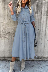 Elegant Patchwork Pocket Turndown Collar Denim Dresses