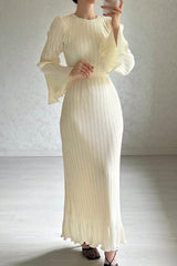 Street Solid Patchwork Pleated O Neck Long Dress Dresses