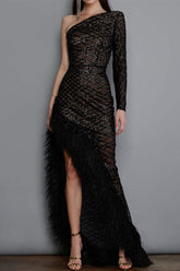 Sexy Party Solid See-through Feathers Oblique Collar Irregular Dress Dresses