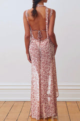 Sexy Floral Bandage Backless Slit V Neck Dresses