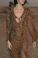 Sexy Celebrities Leopard Flounce Slit V Neck Long Sleeve Dresses