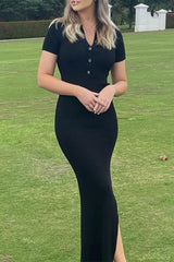 Casual Solid Buttons Slit V Neck One Step Skirt Short Sleeve Dress