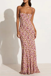 Sexy Vintage Print Flowers Backless Strap Design U Neck One Step Skirt Dresses(3 Colors)