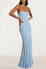 Sexy Vintage Print Flowers Backless Strap Design U Neck One Step Skirt Dresses(3 Colors)