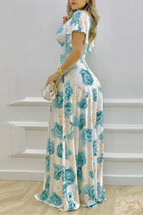 Elegant Print Flowers Flounce V Neck A Line Dresses