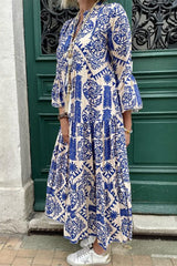 Casual Vintage Geometric Print Patchwork V Neck Printed Dresses(3 Colors)