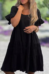 Casual Simplicity Solid Flounce O Neck A Line Short Sleeve Dress(3 Colors)