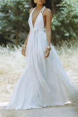 Sexy Solid Color Lace Up Backless Halter Beach Dresses