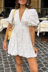 Casual Daily Solid Color Texture V Neck A Line Short Sleeve Dress