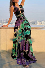 Sexy Tie Dye Print Cross Straps Contrast V Neck Sleeveless Dresses(A variety of binding methodsï¼?3 Colors)