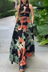 Sexy Tie Dye Print Cross Straps Contrast V Neck Sleeveless Dresses(A variety of binding methodsï¼?3 Colors)