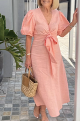 Casual Daily Lace Up V Neck A Line Short Sleeve Dress(7 Colors)