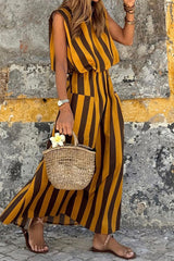 Casual Striped Print Pocket Contrast O Neck Sleeveless Dresses