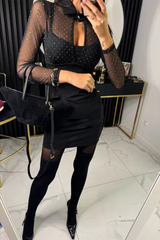 Sexy Buttons Mesh Hot Drill Turndown Collar Wrapped Skirt Dresses(3 Colors)