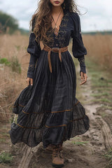 Casual Flowers Embroidered Distressed V Neck A Line Dresses(No waist belt)