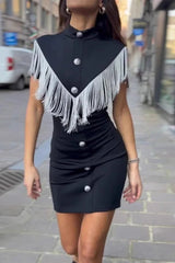 Casual Buttons Tassel Half A Turtleneck Wrapped Skirt Dresses