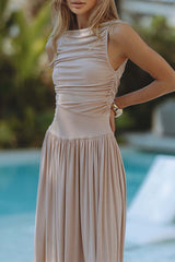 Casual Ruched O Neck Sleeveless Dresses(3 Colors)