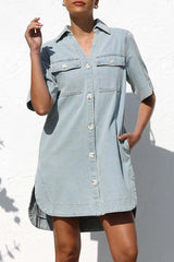 Casual Distressed Buttons Turndown Collar Short Sleeve Loose Denim Dresses