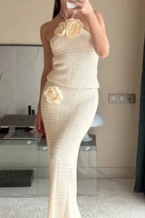 Sexy Hook Flower Patchwork Halter Sleeveless Two Pieces