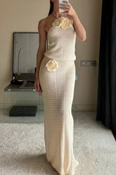 Sexy Hook Flower Patchwork Halter Sleeveless Two Pieces