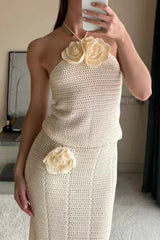 Sexy Hook Flower Patchwork Halter Sleeveless Two Pieces