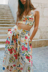 Elegant Floral Print Pocket Ruched Contrast Square Neck Sleeveless Two Pieces